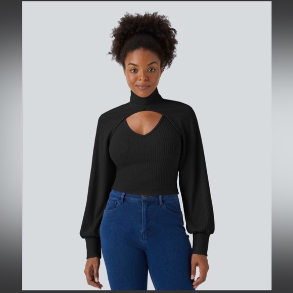 HALARA Tops - Ribbed Knit High Neck Long Sleeve Cut Out 2-Piece Casual Sweater